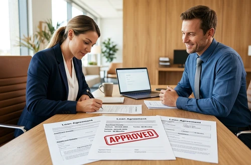 Meridian loan advisor reviewing documents with client